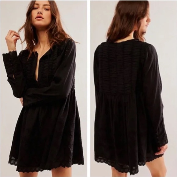 NEW FREE PEOPLE WOMENS ODELIA BABYDOLL EMBROIDERED EYELET MINI DRESS BLACK XS - Picture 1 of 10